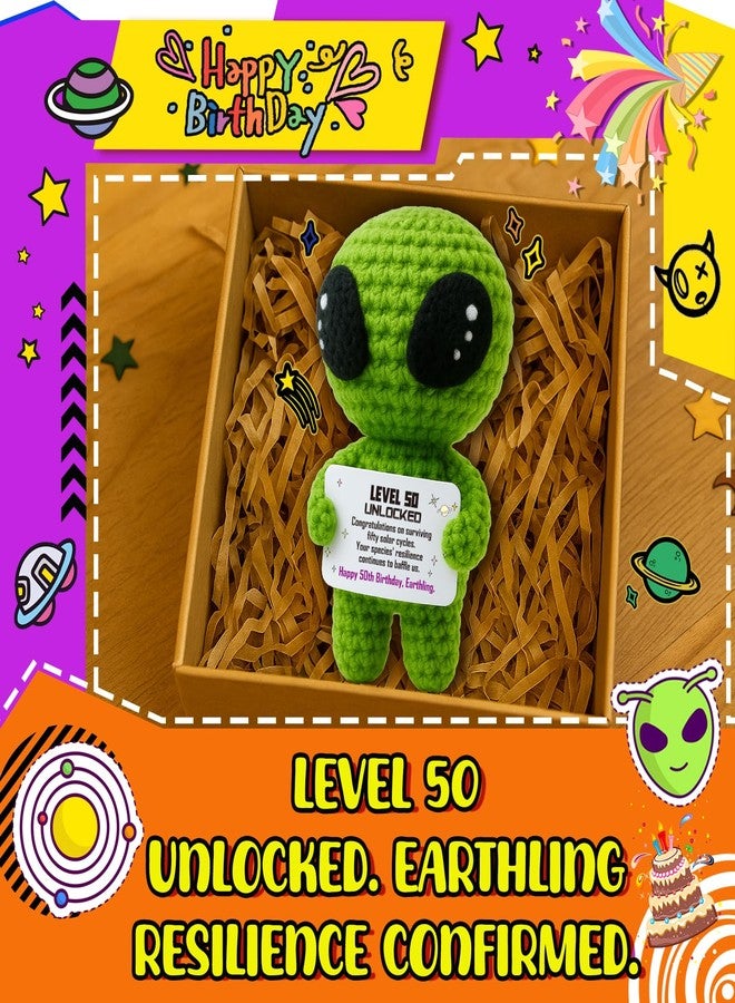 MAMAGIFTREE Happy 50th Birthday Milestone Keepsake - Handmade Crochet Alien Plush Doll with Funny Space-Themed Message - Unique 50 Years Old Gift for Him Her Friend or Family - Image 2